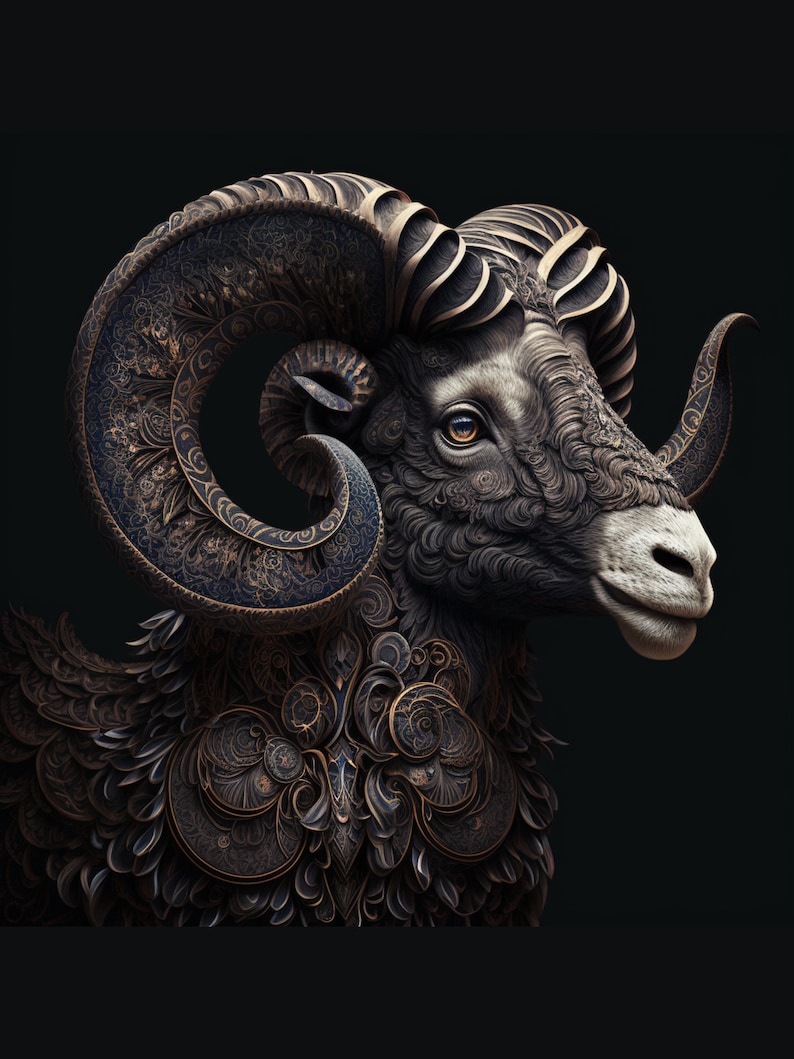 May include: A detailed, ornate ram's head sculpture with intricate gold and blue patterns on its horns and fur. The ram's head is facing to the right, and its eye is visible.
