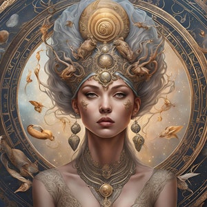 Cancer horoscope digital print - female goddess Cancer zodiac wall art. Set of 4 digital portraits.