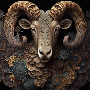 May include: A detailed, ornate, 3D rendering of a ram's head with intricate, swirling patterns in shades of brown, gold, and black. The ram's head is surrounded by a decorative floral design.
