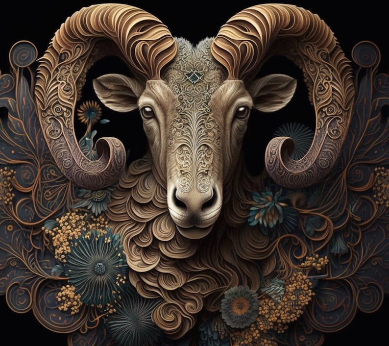 May include: A detailed, ornate, 3D rendering of a ram's head with intricate, swirling patterns in shades of brown, gold, and black. The ram's head is surrounded by a decorative floral design.