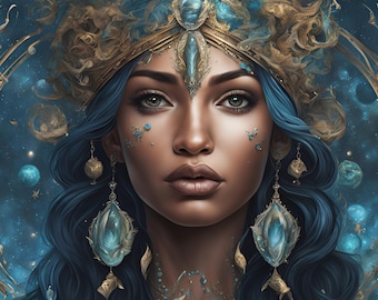 Pisces horoscope digital print - female goddess Pisces zodiac wall art. Set of 4 digital portraits.