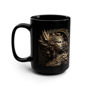 Sagittarius Goddess Zodiac and Horoscope Symbols on a Black Mug, 15oz