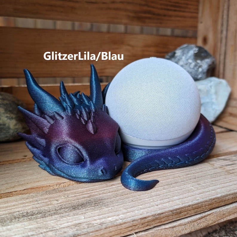 Drachenstand für Alexa Echo Dot 3D Druck Glitzenlila/blau