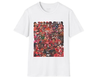 May include: White crew neck t-shirt with a collage of images of people in red racing attire. The images are of various sizes and orientations, creating a busy design. The shirt is made of a soft material.