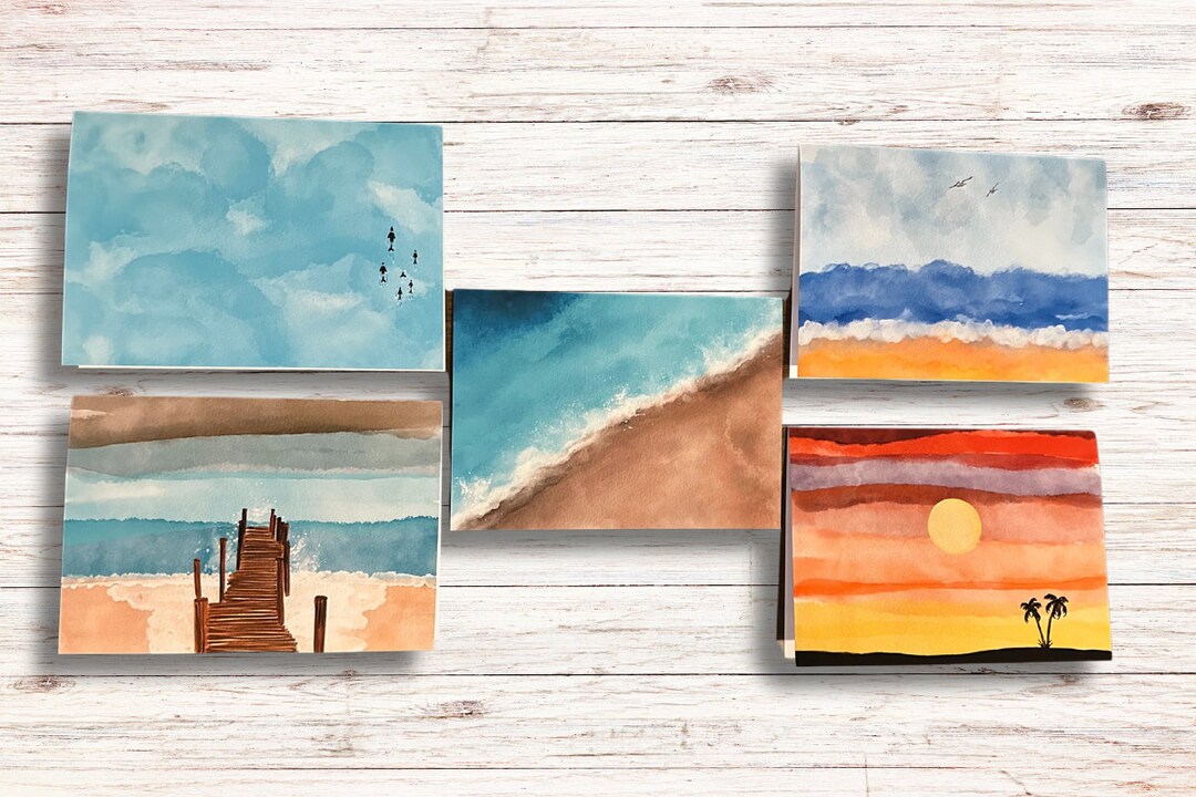 Set of 10 Watercolor Beach Greeting Cards Blank Folded Etsy
