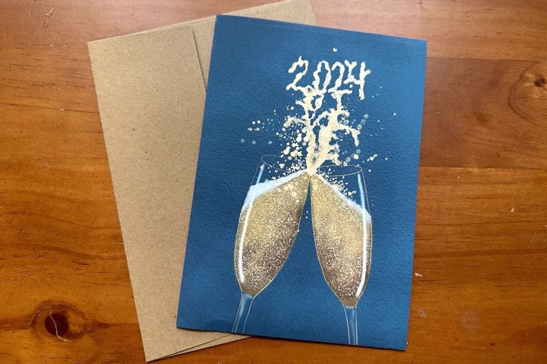 Box of 10 Watercolor New Year's Cards, New Year's 2024 Blank Folded