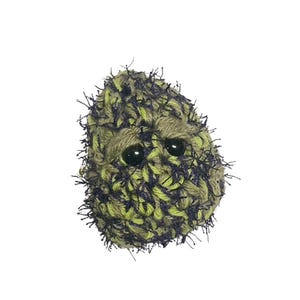 May include: A green and black crocheted plush toy with a fuzzy texture and large black eyes.