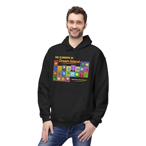 May include: Black hooded sweatshirt featuring a colorful graphic of "The Elements of Dream Island." The design includes various cartoon characters and the text "Highly Reactive Since Season 1."