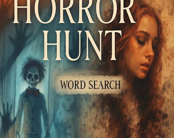 Pode incluir: Capa de livro com o título "HORROR HUNT" em letras brancas grandes. A capa apresenta uma ilustração assustadora de uma figura esquelética, uma mulher com cabelo comprido e ruivo e as palavras "WORD SEARCH". As palavras "Large Print" também são visíveis.