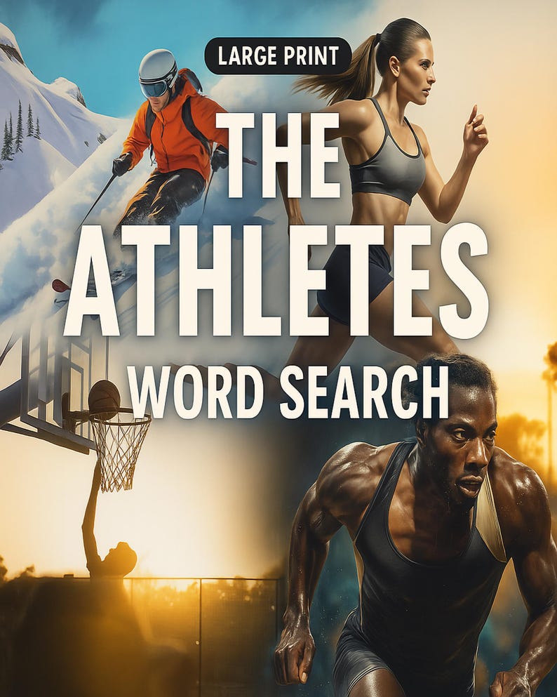 Pode incluir: Capa do livro "The Athletes Word Search" com imagens de atletas em a&ccedil;&atilde;o: um esquiador, uma corredora, um jogador de basquete e um velocista. O texto "Large Print" est&aacute; no topo.