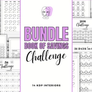 May include: A printable bundle of savings challenge trackers. The bundle includes trackers with different themes, such as piggy banks, hearts, and envelopes. The text "Bundle Book of Savings Challenge" is displayed in a purple box.