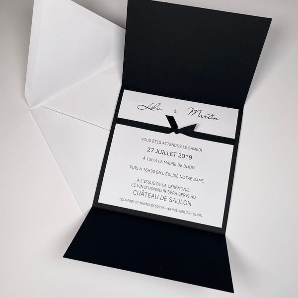 Invitation mariage noir et blanc, ruban satiné, faire part de luxe VIP, pochette chic