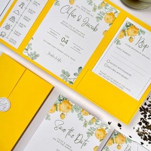 Floral thema bruiloft uitnodiging, gele en witte aquarel, elegante gele pochet, klassieke moderne uitnodiging bloemen groen