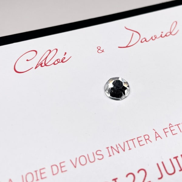 Invitation mariage VIP noir, rouge et blanc, faire-part luxe chic, strass brillant diamant, carte simple, bling-bling