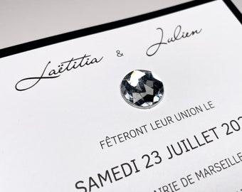 Black and white VIP wedding invitation, chic luxury invitation, big diamond shiny rhinestones, simple card, bling-bling