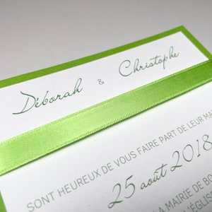 Invitation mariage, faire-part luxe vip chic vert blanc, noeud ruban satin, carte simple