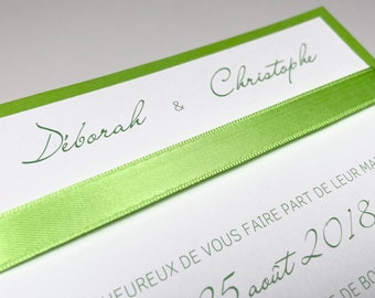 Wedding invitation, luxury invitation vip chic green white, satin ribbon bow, simple card