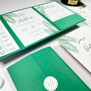 Tropical green greenery wedding invitation, elegant green pocketfold wedding invite, modern wedding invitation set, beach tropic 画像 4