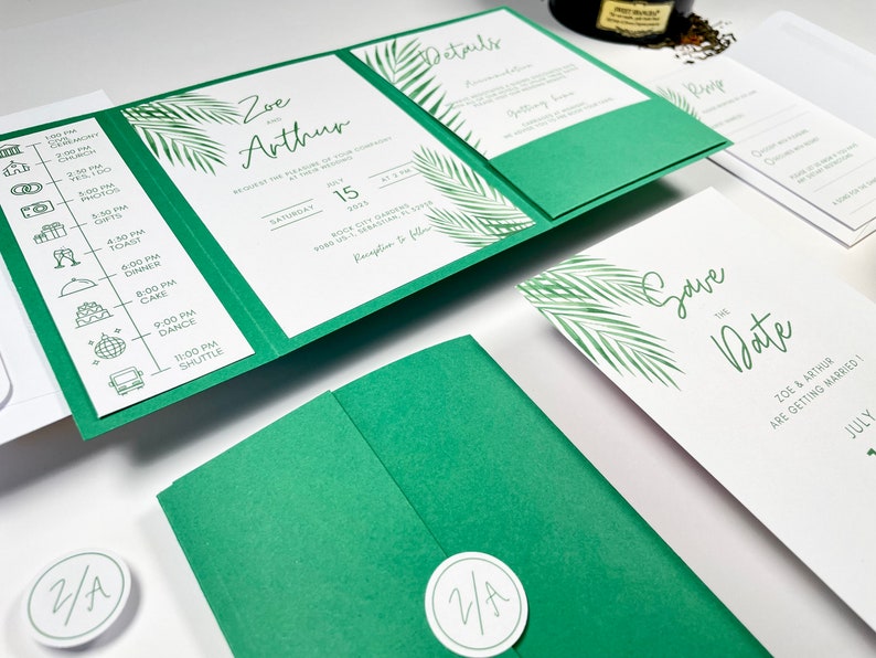 Tropical green greenery wedding invitation, elegant green pocketfold wedding invite, modern wedding invitation set, beach tropic 画像 4