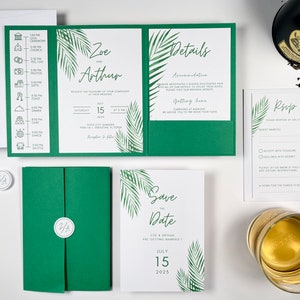 Tropical green greenery wedding invitation, elegant green pocketfold wedding invite, modern wedding invitation set, beach tropic 画像 3