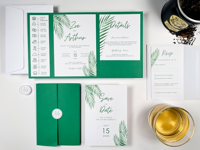 Tropical green greenery wedding invitation, elegant green pocketfold wedding invite, modern wedding invitation set, beach tropic 画像 3