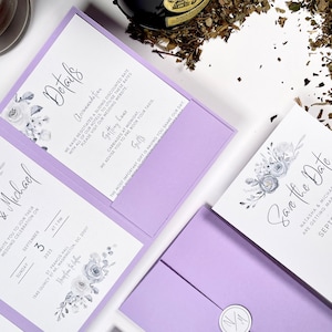 Invitation de mariage floral aquarelle, lilas violet gris et blanc, pochette lilas, faire part élégant, invitation moderne classique fleurs