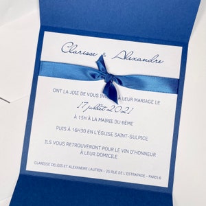 Invito di nozze blu navy bianco, nastro di raso, share VIP, clutch luxury chic