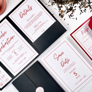 Schwarze, rote und weiße minimalistische Hochzeitseinladung, schwarzes Einstecktuch, elegante Einladung, klassische moderne Einladung