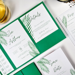 Invitation de mariage thème tropical, aquarelle vert, pochette verte faire part élégant, invitation moderne classique, feuilles verdure