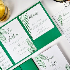 Tropical green greenery wedding invitation, elegant green pocketfold wedding invite, modern wedding invitation set, beach tropic 画像 1