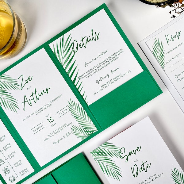 Tropische Themenhochzeitseinladung, grünes Aquarell, elegante Einladungskarte, moderne klassische Einladung, grüne Blätter