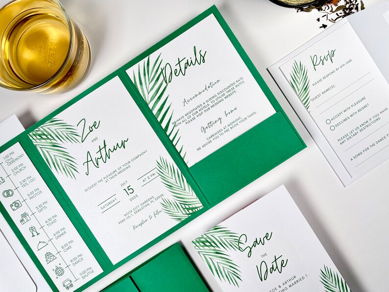 Tropical green greenery wedding invitation, elegant green pocketfold wedding invite, modern wedding invitation set, beach tropic 画像 1