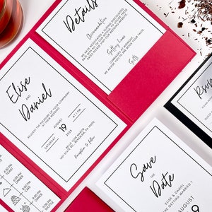 Invitation de mariage minimaliste rouge noir et blanc, pochette rouge, faire part élégant, invitation moderne classique chic luxe