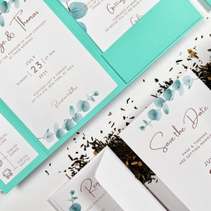 Invitation de mariage feuilles eucalyptus, aquarelle, vert bleu, pochette verte faire part élégant, invitation moderne classique verdure