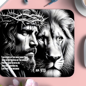 May include: Black and white illustration of Jesus Christ with a crown of thorns and a lion. The text reads "I am a son of the most high king who is not moved by the world. For my God is with me and goes before me. I do not fear because I am his."
