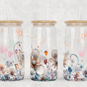 Boho Floral, 16 oz Libbey Glass Can Tumbler Design, Earthy Can Wrap,  Can Glass, Boho Flowers Glass Can Wrap PNG Digital Download, gift