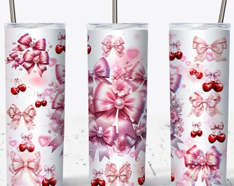 Coquette Pink Bows Tumbler Design: Cherries PNG (Digital Download)