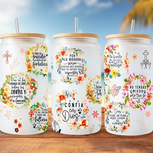 Confia en Dios, Citas motivacionales bíblicas en ESPAÑOL Diseños de sublimación de latas de vidrio de 16 oz, Envoltura religiosa de Libbey Png, Regalo para cristianos