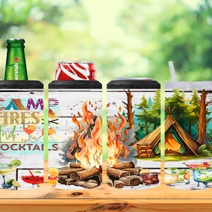 4in1 Can Cooler Sublimation Wrap, Campfires and Cocktails, Sublimation Can Holder PNG - Summer time Day Drinking Camping Design, beer, gifts