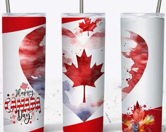 May include: Three stainless steel tumblers with a red and white watercolor design featuring a Canadian flag and the text "Happy Canada Day".