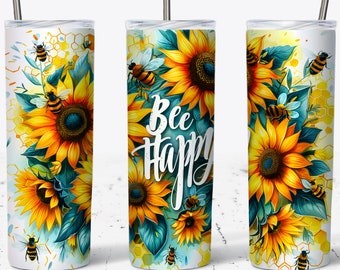 Bee Happy Sunflower Tumbler Wrap: 20oz Skinny Sublimation Design (Digital Download)