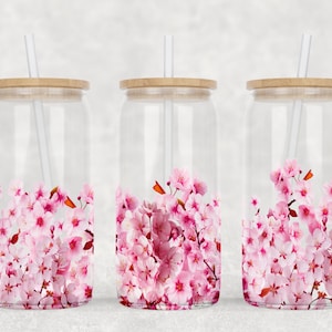 桜の花 16 オンス Libbey ガラス缶昇華デザイン、花柄ガラス缶ラップ、桜のタンブラーラップ PNG デジタルダウンロードギフト