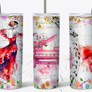 Piano Pink Music Flower Dancer  Music Love Musical notes, Seamless Tumbler Wrap Sublimation Design Downloads, Skinny Tumbler 20oz, Gifts
