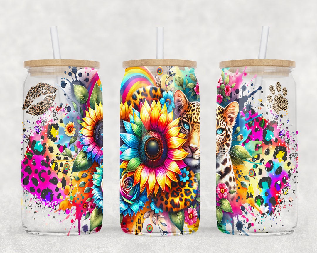 Sunflowers Libbey Designs, Tie Die Leopard 16oz Glass Can Wrap ...