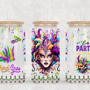 マルディグラ 16 オンス Libbey ガラス缶タンブラー昇華デザイン、マルディグラ パーティー タンブラー、ニューオーリンズ タンブラー、PNG ファイル デジタル ダウンロード、ギフト