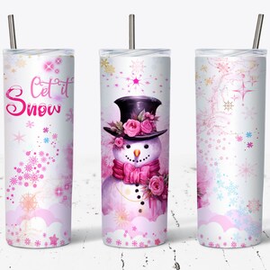 Pink Victorian Christmas Snowman Tumbler Sublimation Design (Digital Download)