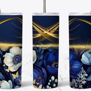 Marineblaue Blume, Goldglanz, 20 Unzen Sublimationsbecher-Designs, ästhetische Floral Skinny Tumbler Wrap PNG, Goldbecher, Geschenk