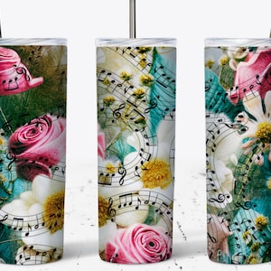 Floral Music Notes Tumbler Wrap: Seamless Sublimation Design (20oz Skinny Tumbler)