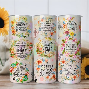 Confia en Dios, diseños de sublimación de vasos delgados de 20 oz con citas motivacionales de la Biblia en español, envoltura de vaso religioso en formato PNG, regalo para cristianos
