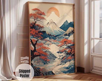 Mount Fuji Wall Art, Japanese Ukiyo-e Print, Red Sun Landscape Poster, Wabi Sabi Asian Home Decor